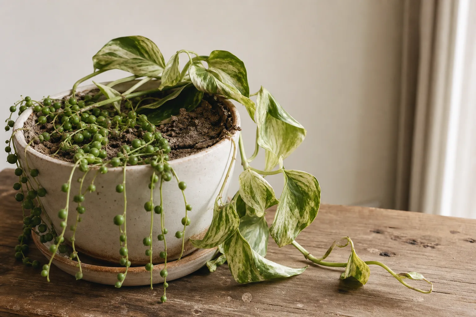 Underwatering on Pearls and Jade Pothos - visible symptom on the plant