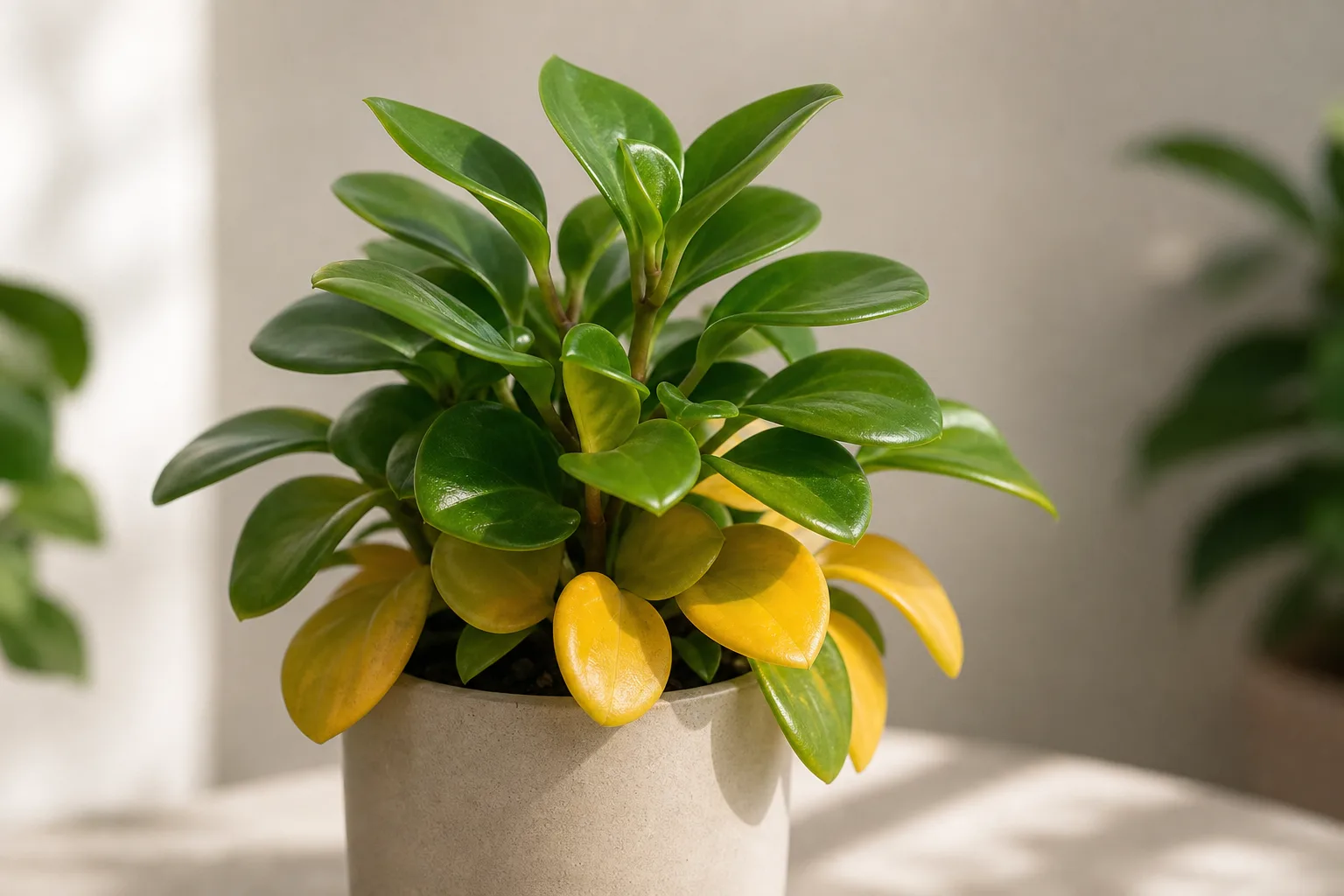 Yellow Leaves on Peperomia - visible symptom on the plant