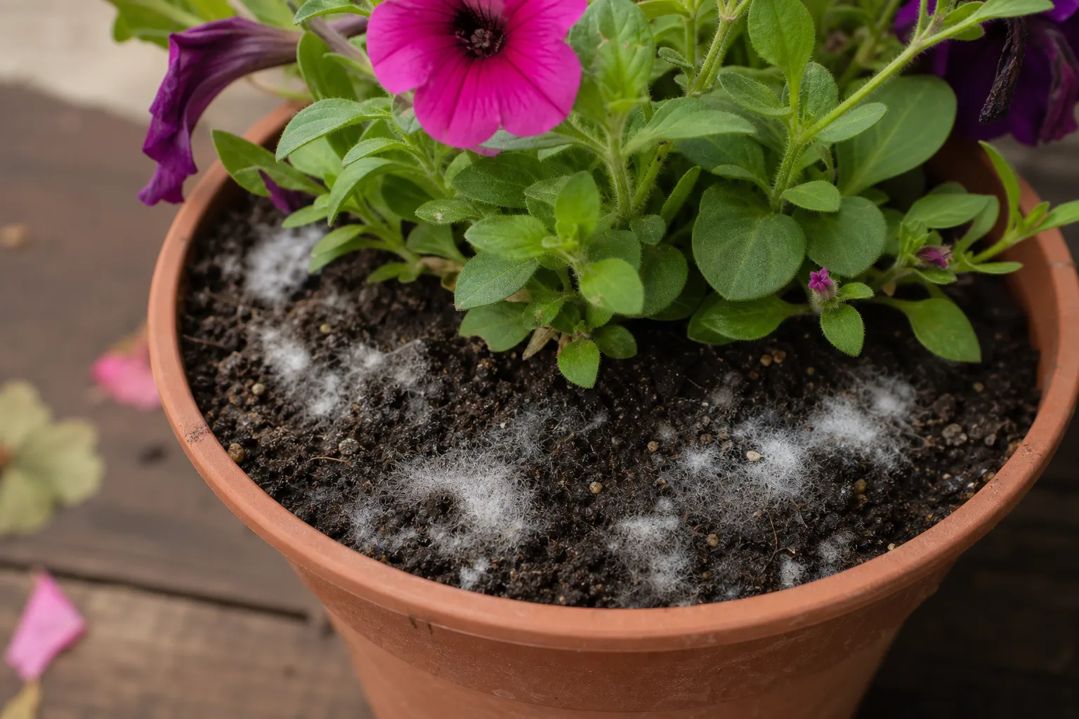 Mold on Soil on Petunia - visible symptom on the plant