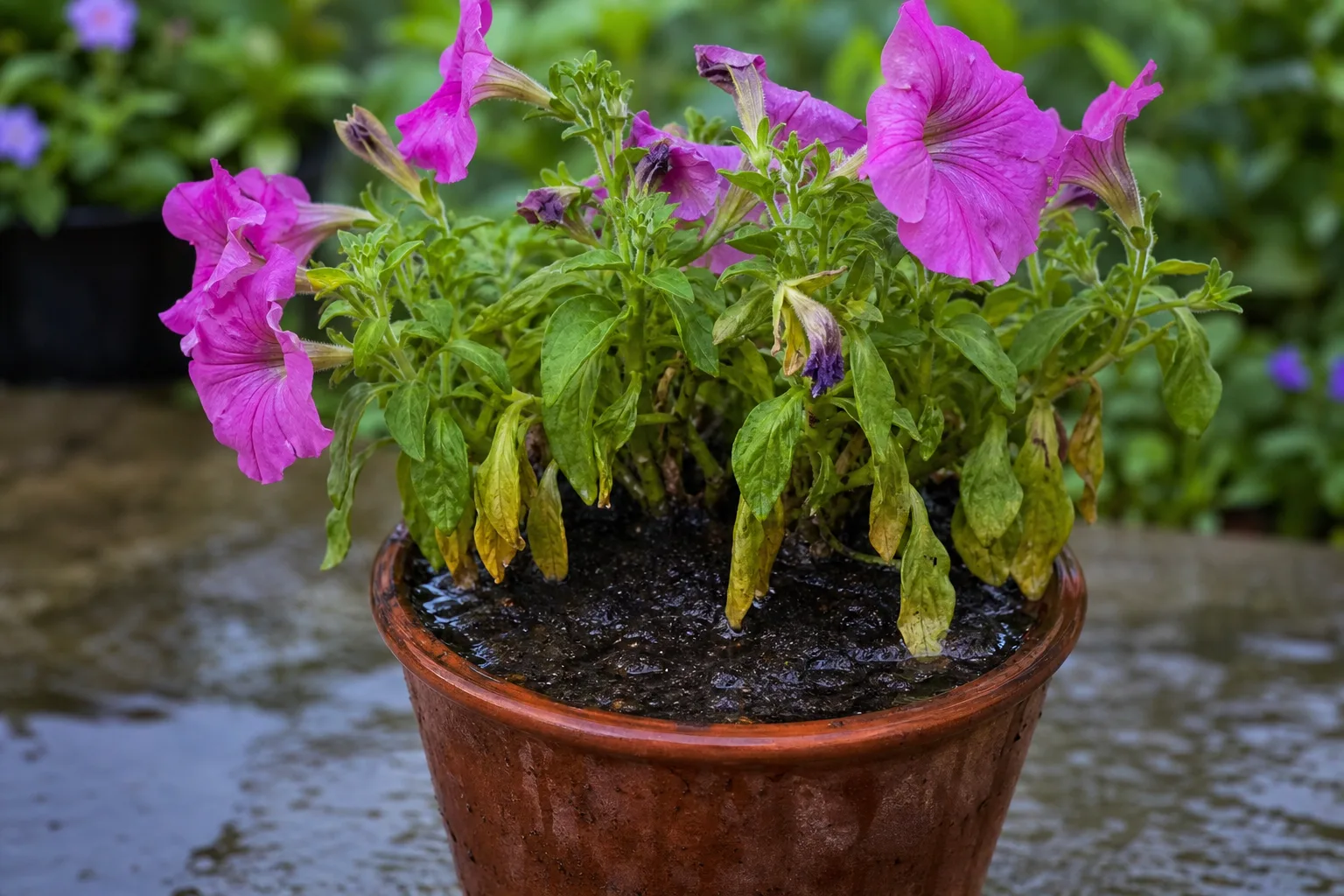 Poor Drainage on Petunia - visible symptom on the plant