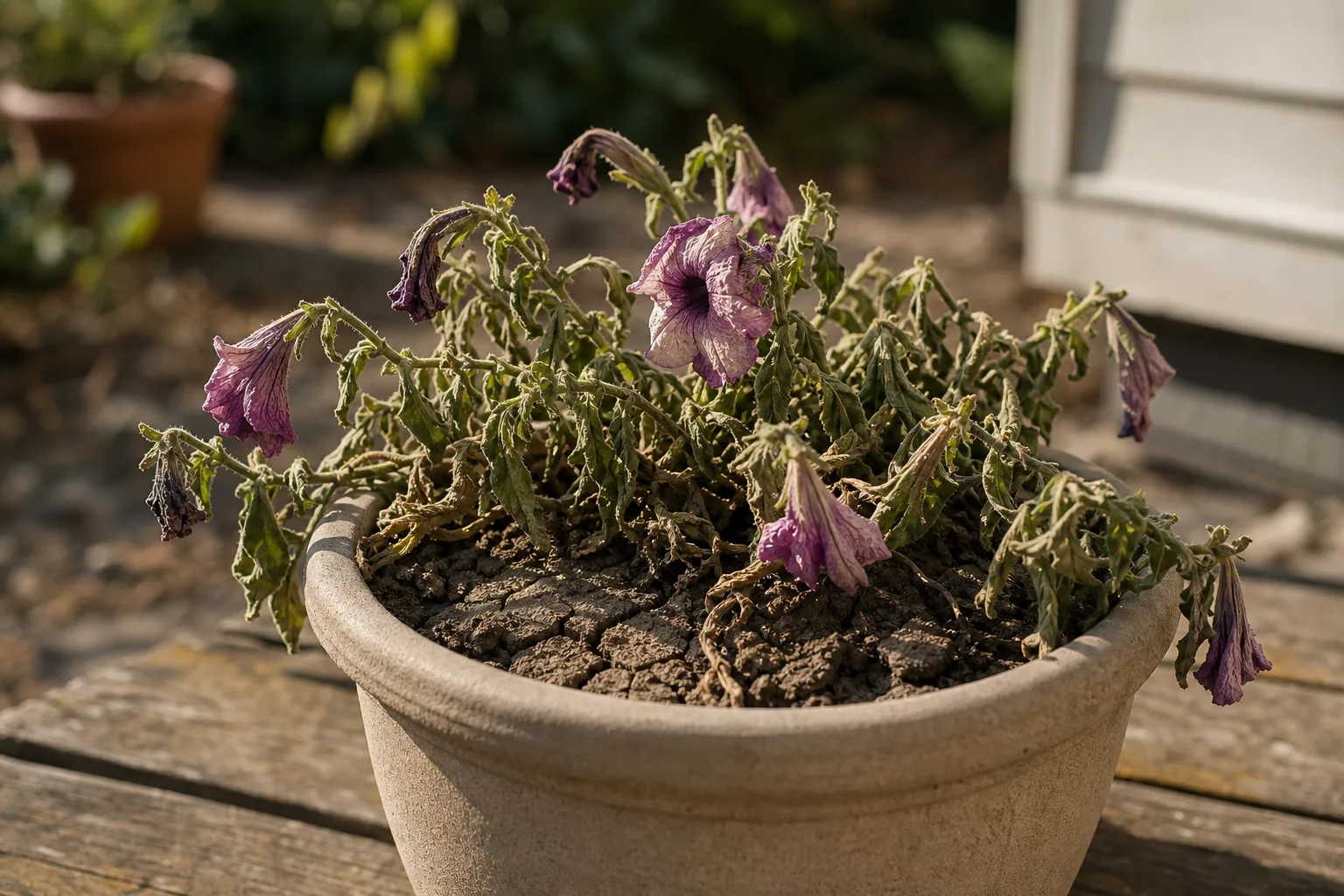 Underwatering on Petunia - visible symptom on the plant