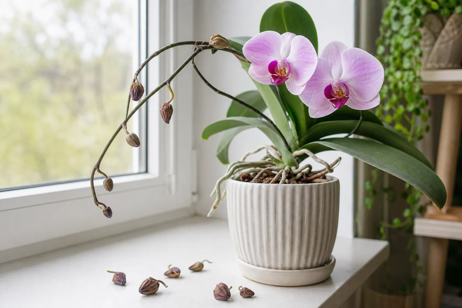 Bud Drop on Phalaenopsis Orchid - visible symptom on the plant