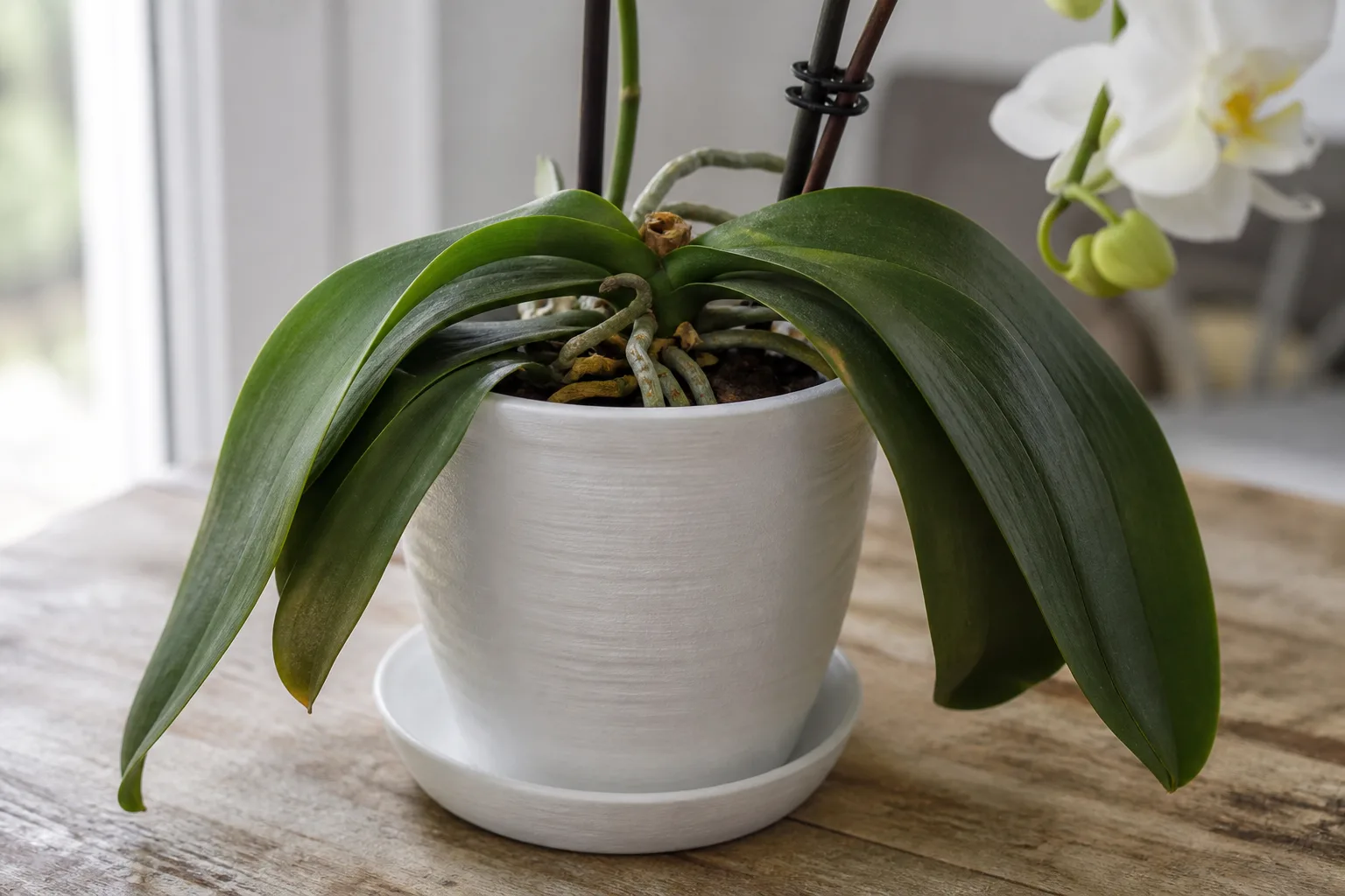 Drooping Leaves on Phalaenopsis Orchid - visible symptom on the plant
