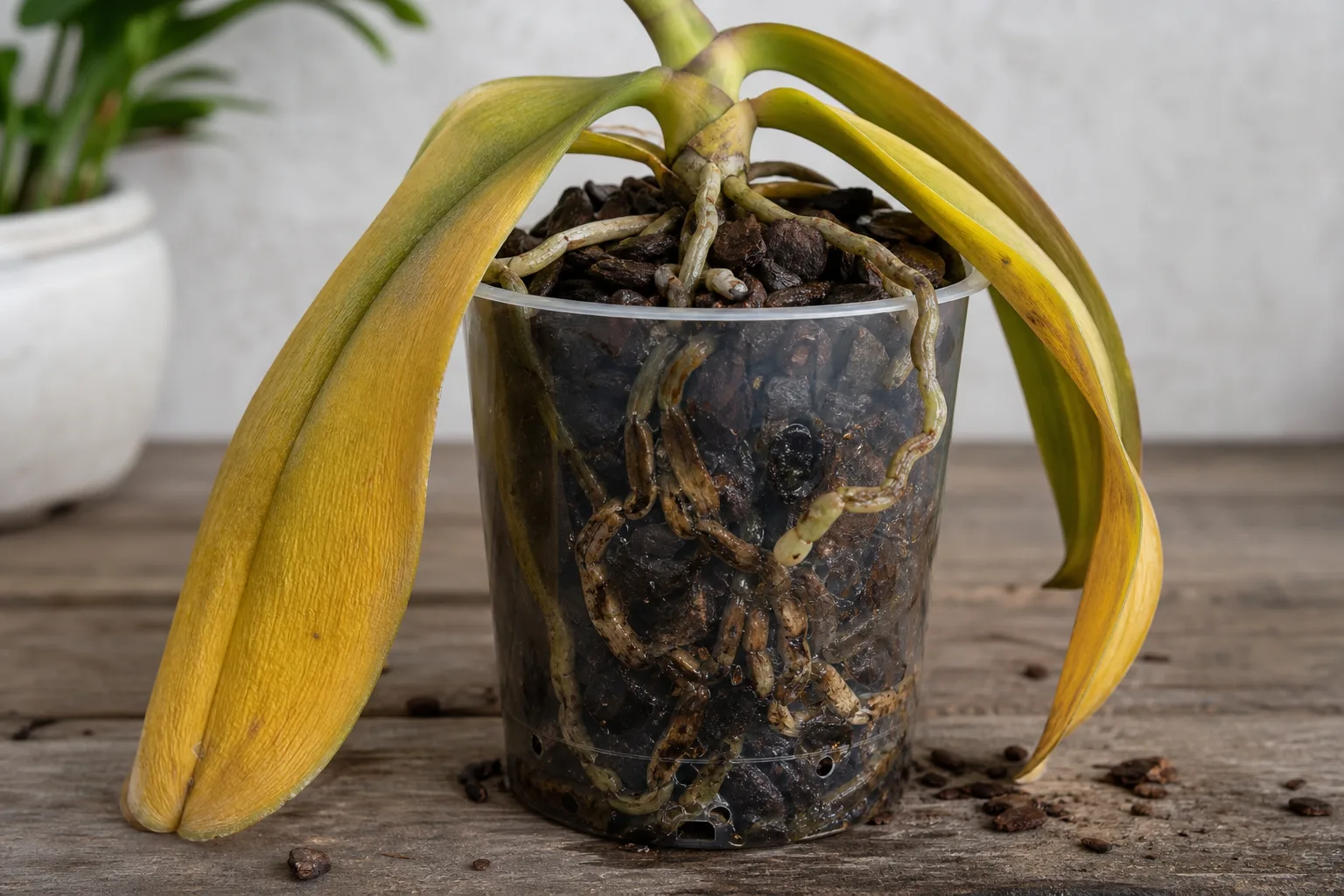 Root Rot on Phalaenopsis Orchid - visible symptom on the plant