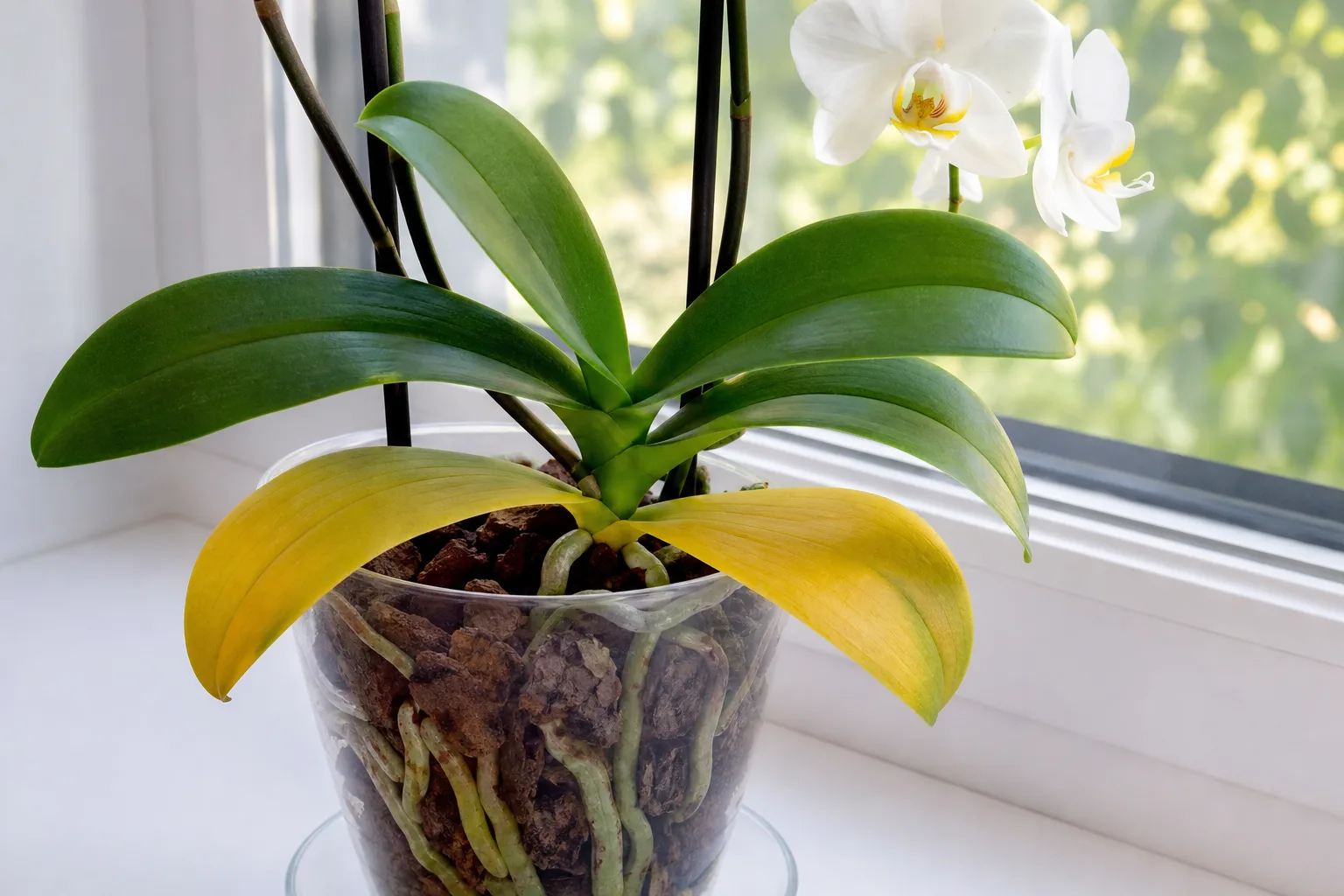 Yellow Leaves on Phalaenopsis Orchid - visible symptom on the plant