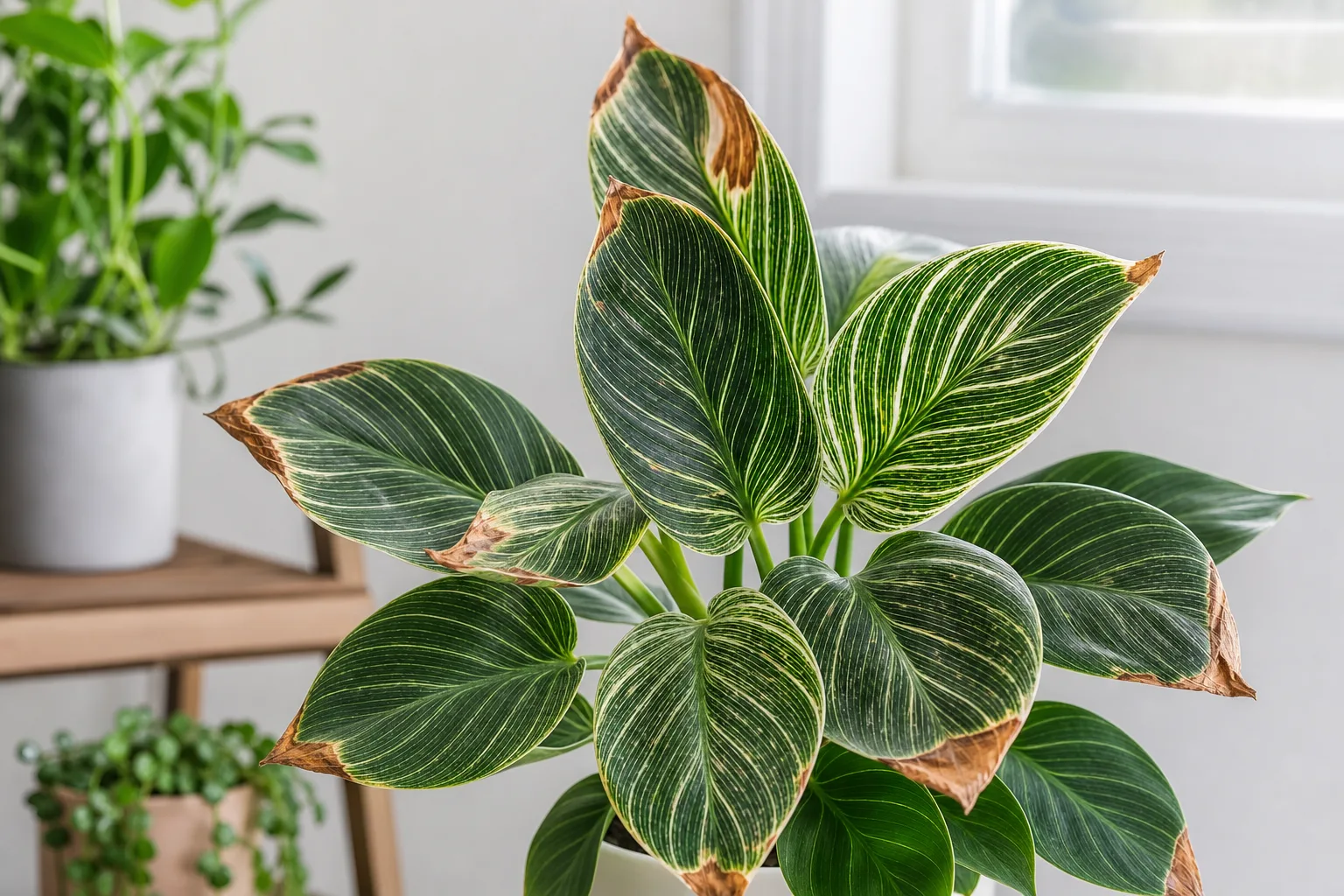 Brown Tips on Philodendron Birkin - visible symptom on the plant