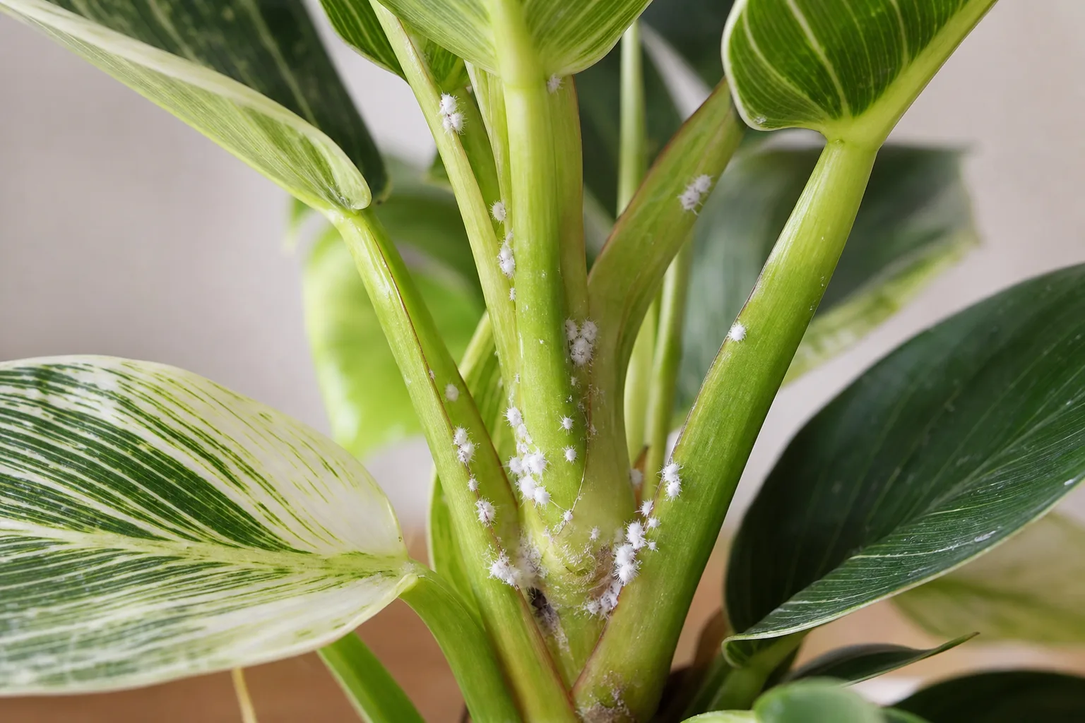 Mealybugs on Philodendron Birkin - visible symptom on the plant