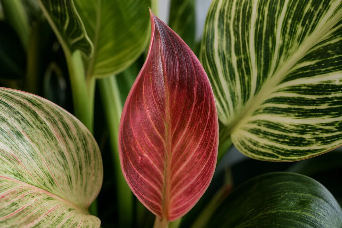Close-up of Red Leaves on Philodendron Birkin - diagnostic detail