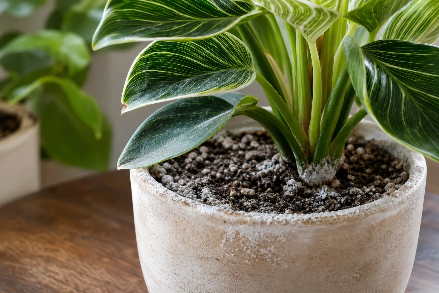 Salt Build-up on Philodendron Birkin - visible symptom on the plant