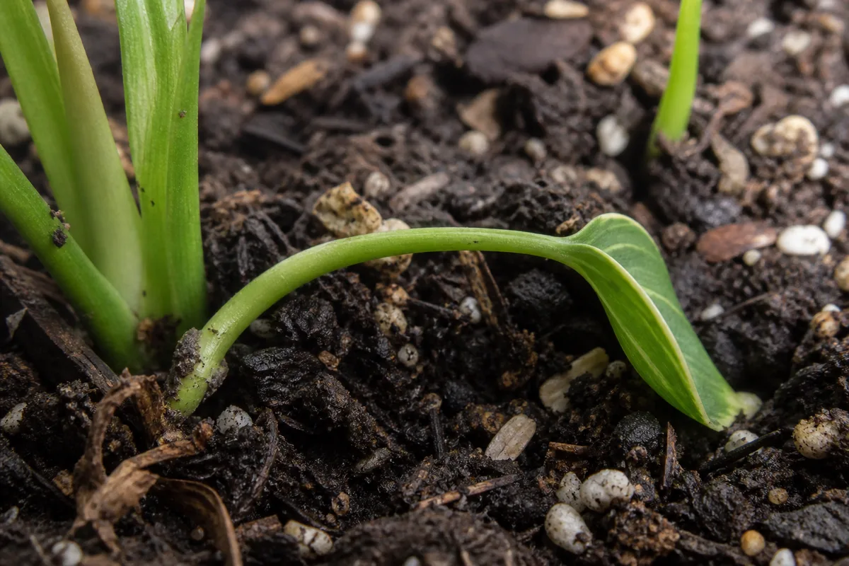 Close-up of Seedlings Falling Over on Philodendron Birkin - diagnostic detail