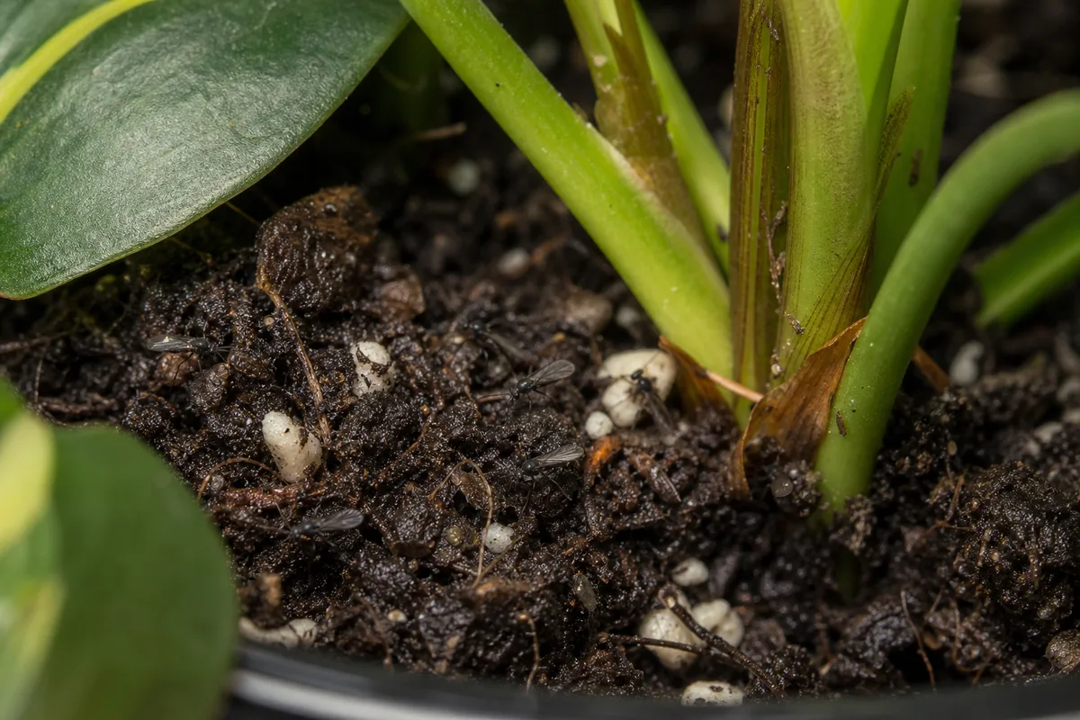 Close-up of Fungus Gnats on Philodendron Brasil - diagnostic detail