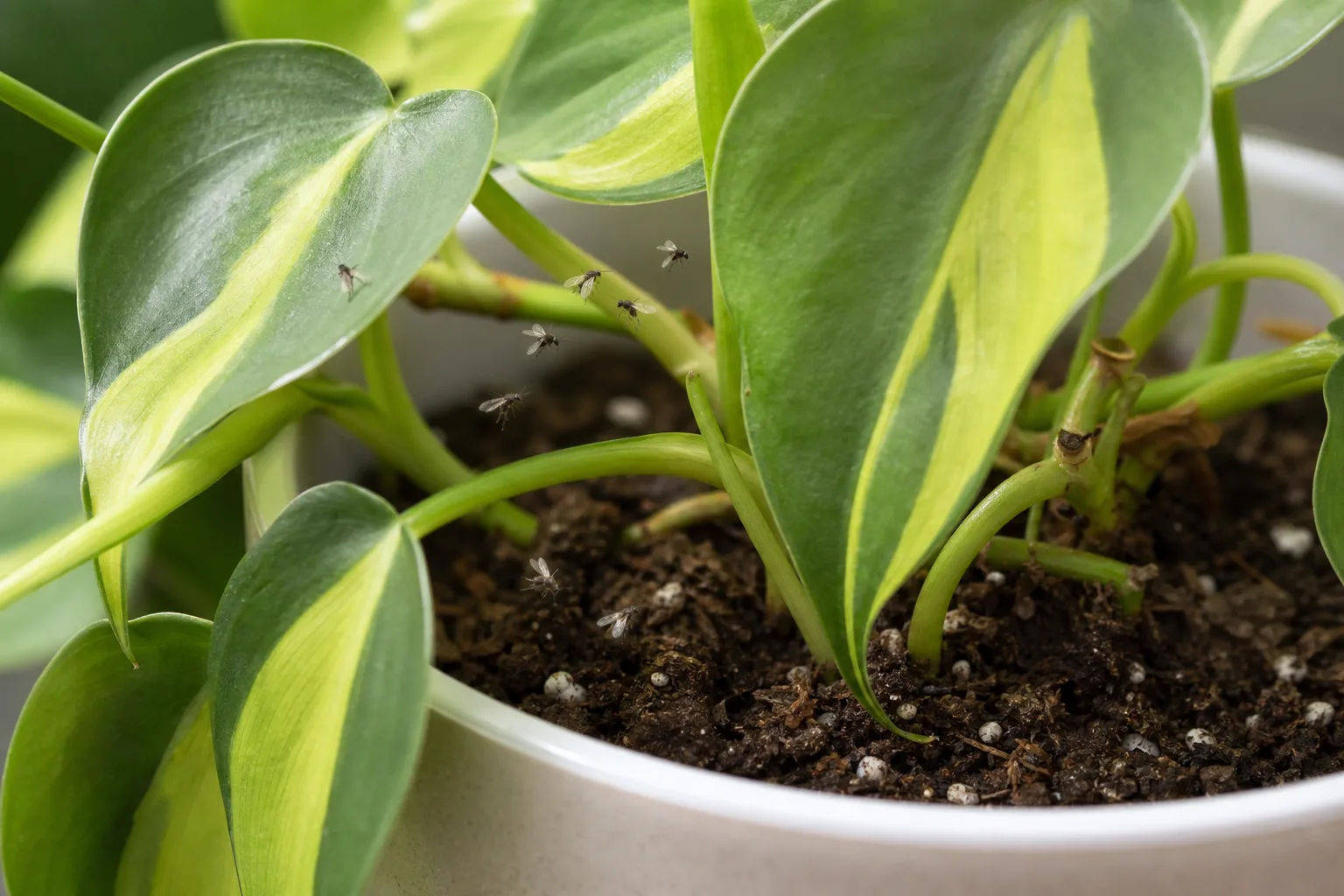 Fungus Gnats on Philodendron Brasil - visible symptom on the plant
