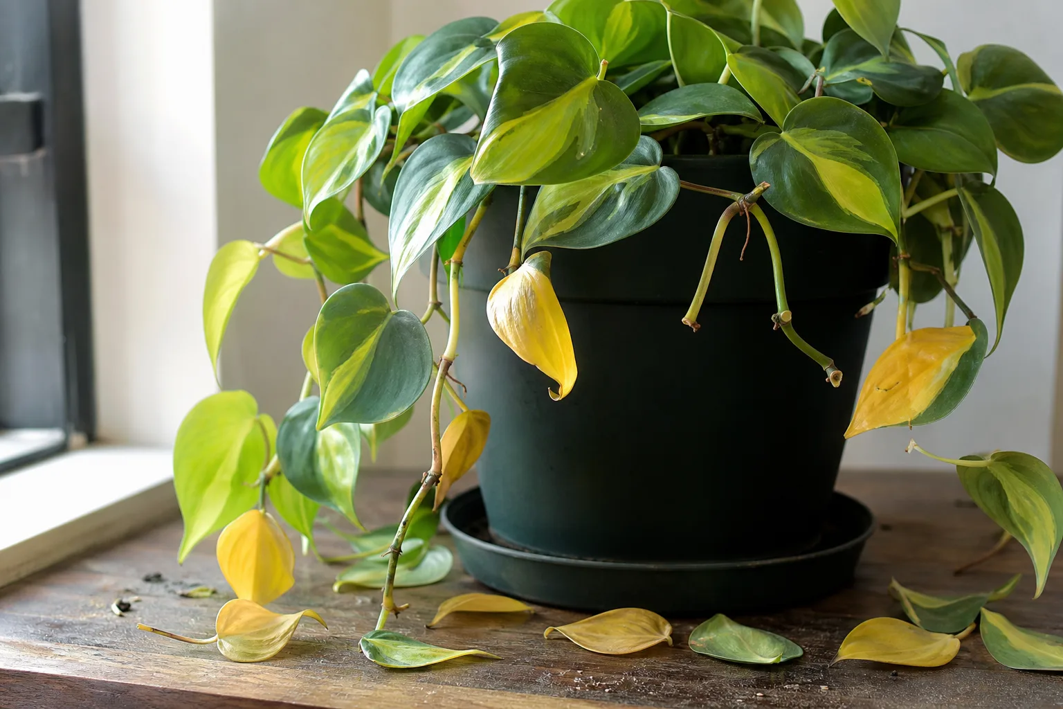 Leaf Drop on Philodendron Brasil - visible symptom on the plant