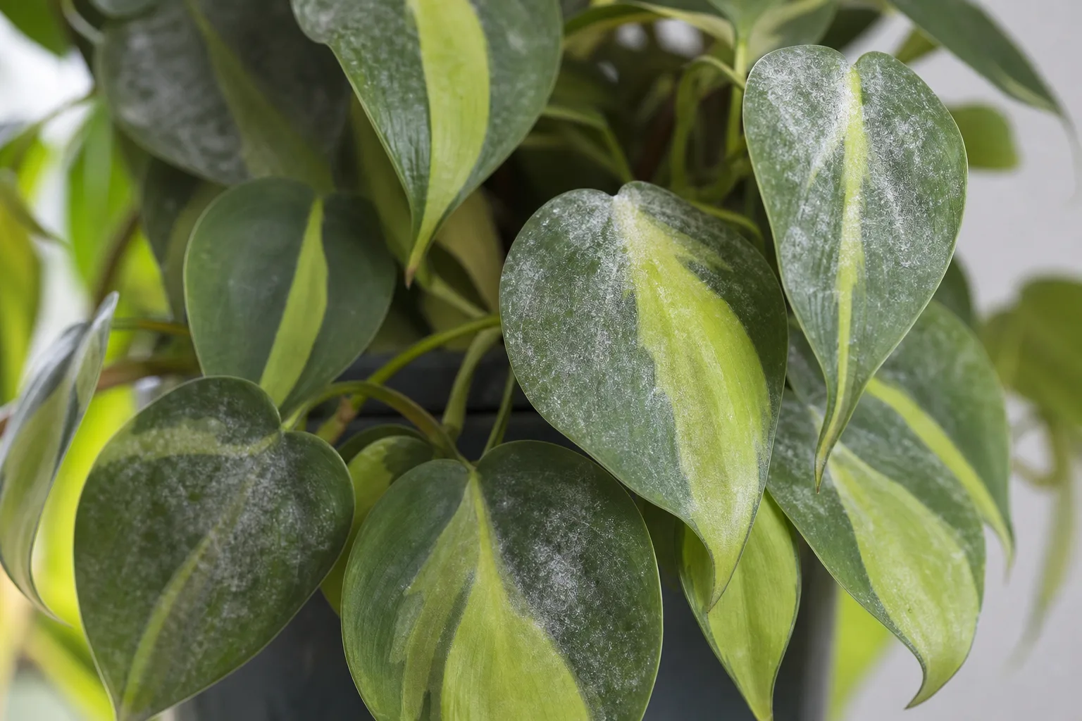 Powdery Mildew on Philodendron Brasil - visible symptom on the plant