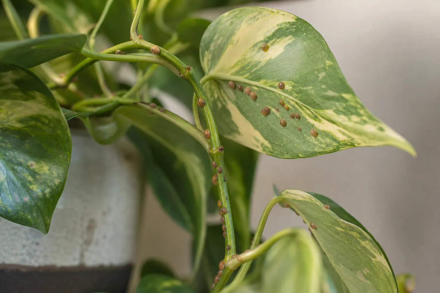 Scale Insects on Philodendron Brasil - visible symptom on the plant