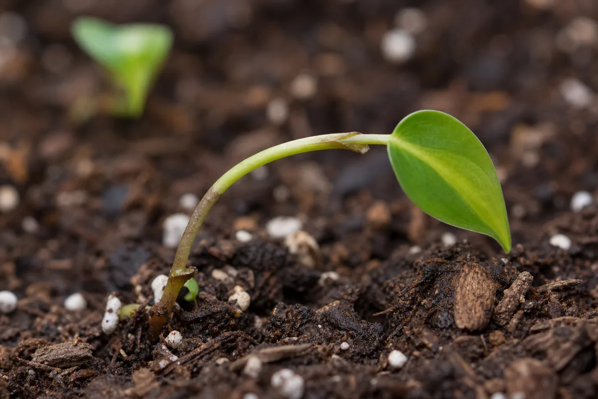 Close-up of Seedlings Falling Over on Philodendron Brasil - diagnostic detail