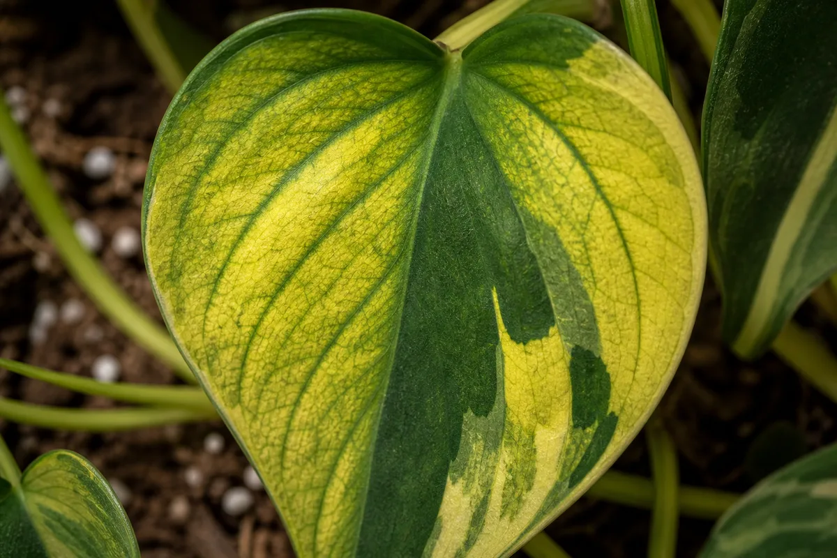 Close-up of Soil Too Acidic on Philodendron Brasil - diagnostic detail
