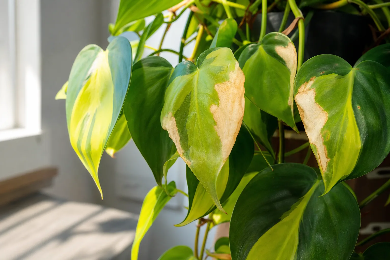 Sunburn / Scorched Leaves on Philodendron Brasil - visible symptom on the plant