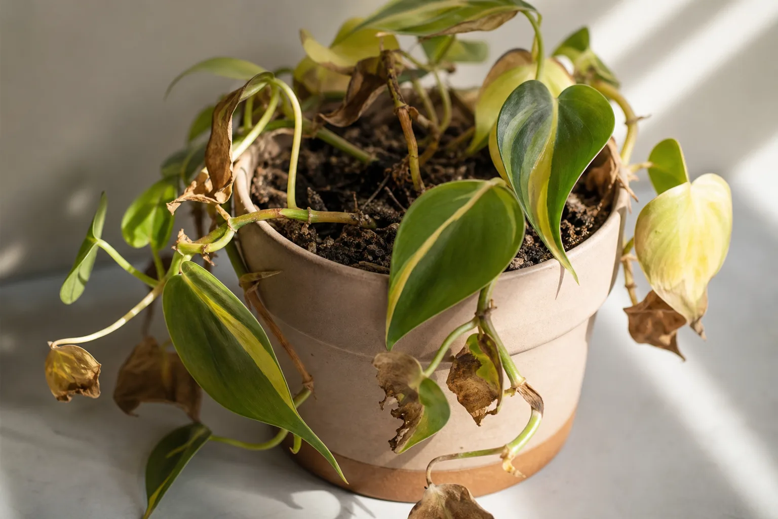 Underwatering on Philodendron Brasil - visible symptom on the plant