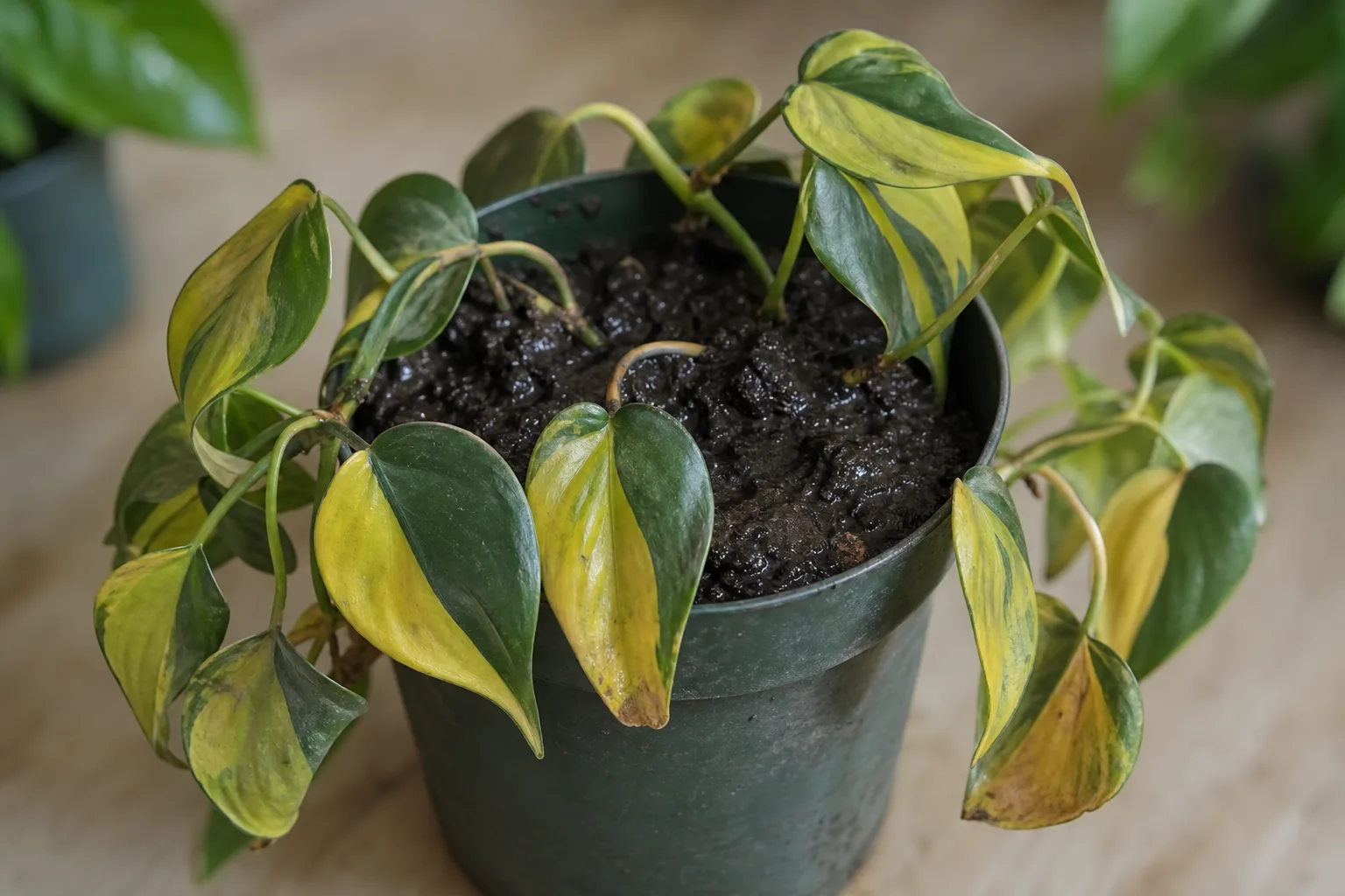 Wrong Soil Mix on Philodendron Brasil - visible symptom on the plant