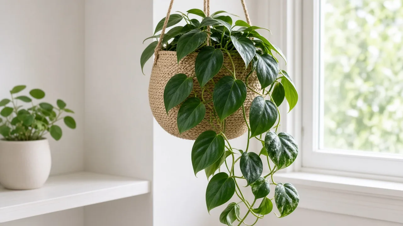 Distorted leaves on Heartleaf Philodendron - twisted and puckered heart-shaped foliage on trailing vines