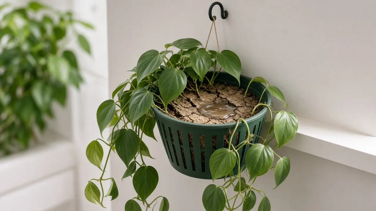 Dry Hydrophobic Soil on Heartleaf Philodendron - limp trailing vines above potting mix that repels water