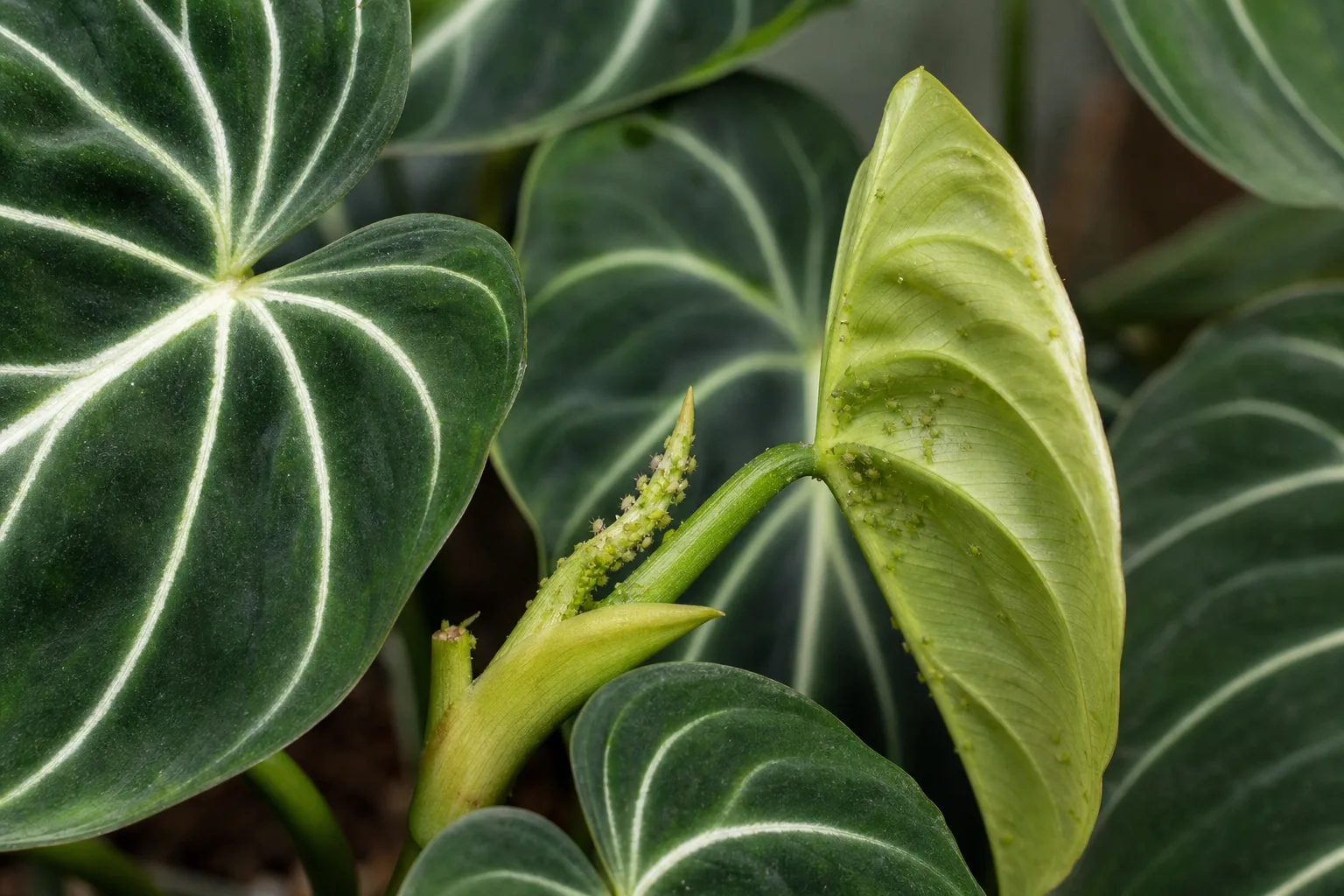 Aphids on Philodendron Gloriosum - visible symptom on the plant