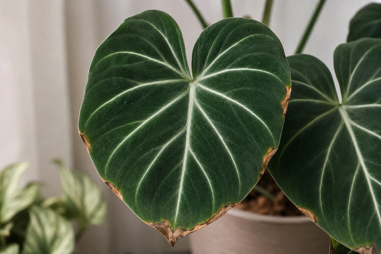 Brown Tips on Philodendron Gloriosum - visible symptom on the plant