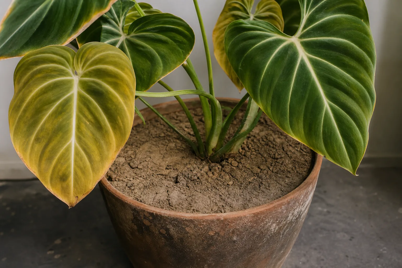 Compacted Soil on Philodendron Gloriosum - visible symptom on the plant