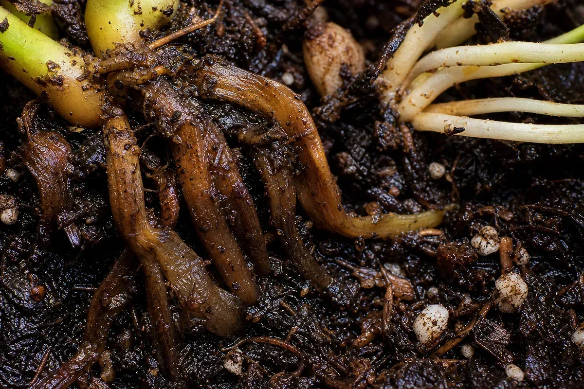 Close-up of Damaged Roots on Philodendron Gloriosum - diagnostic detail