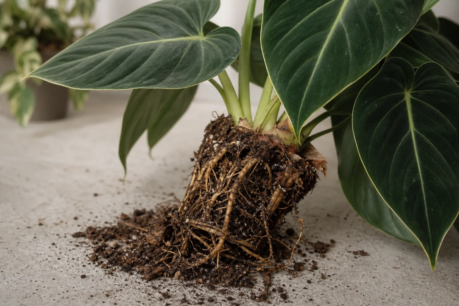 Damaged Roots on Philodendron Gloriosum - visible symptom on the plant
