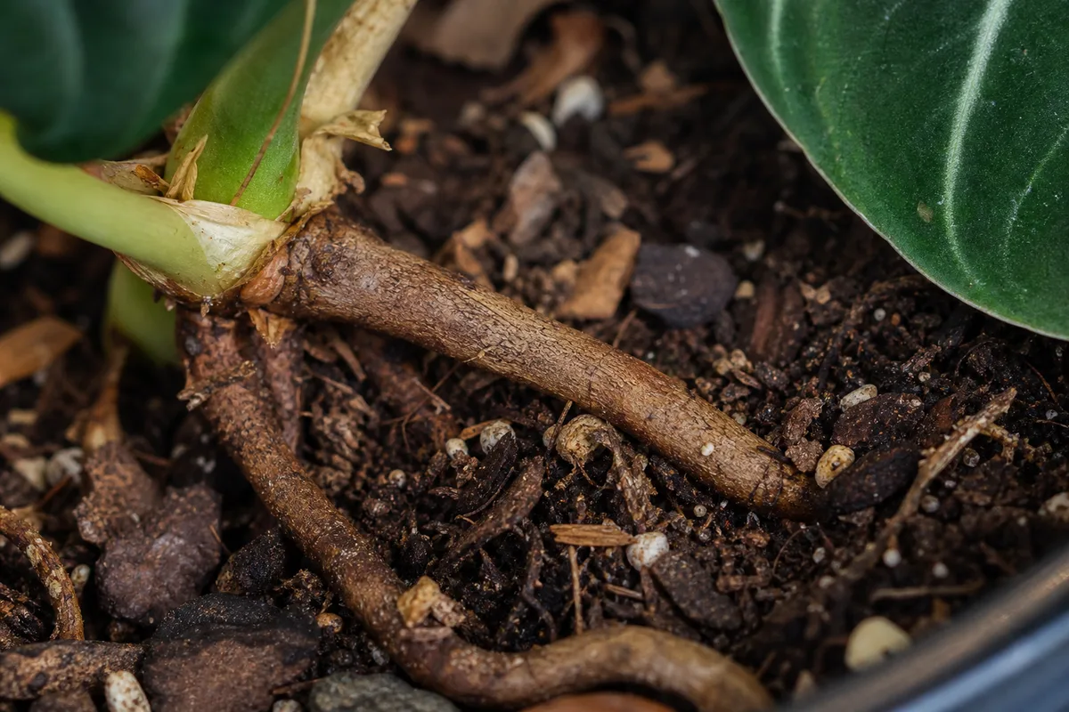 Close-up of Exposed Roots on Philodendron Gloriosum - diagnostic detail