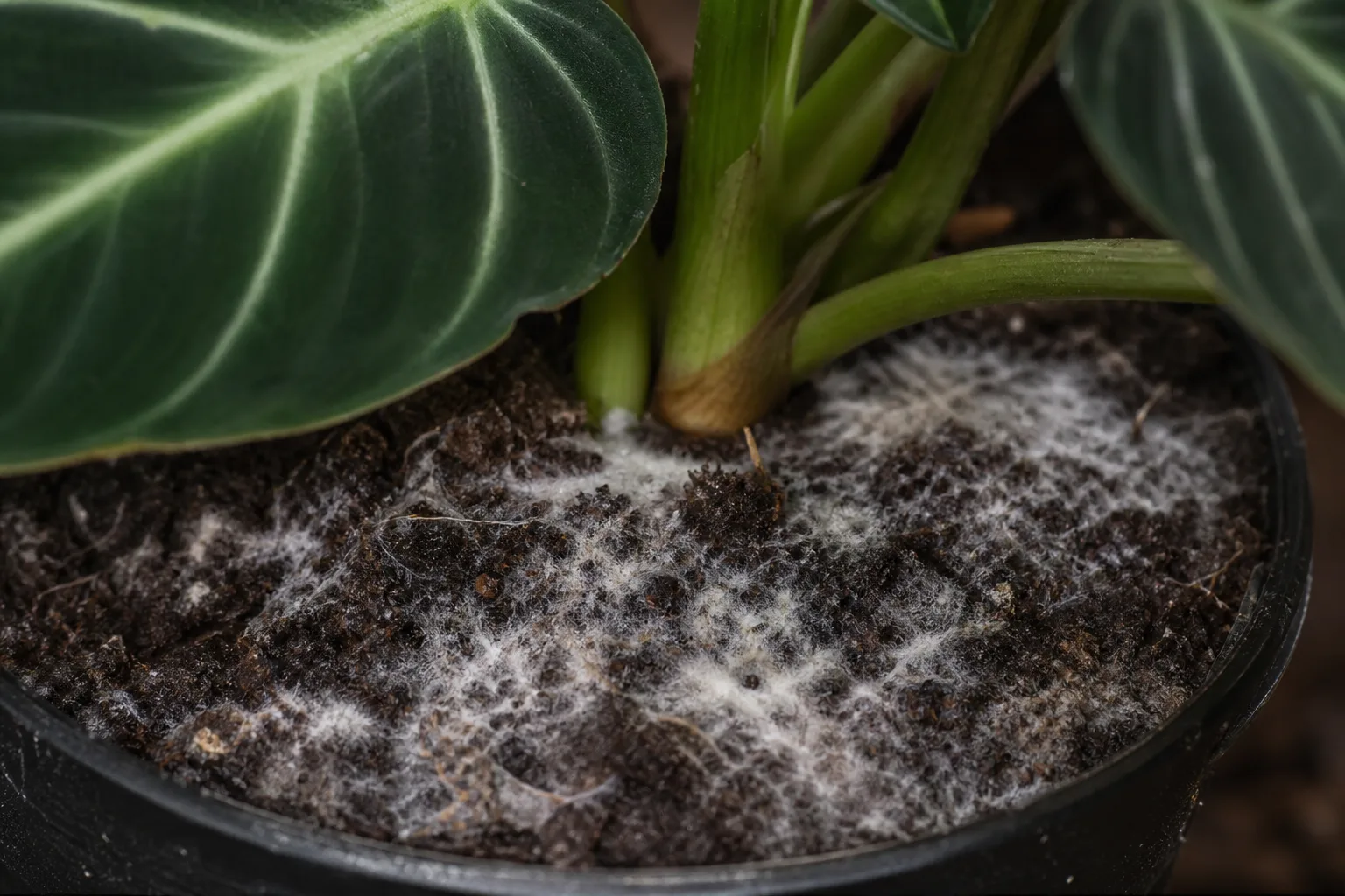 Mold on Soil on Philodendron Gloriosum - visible symptom on the plant