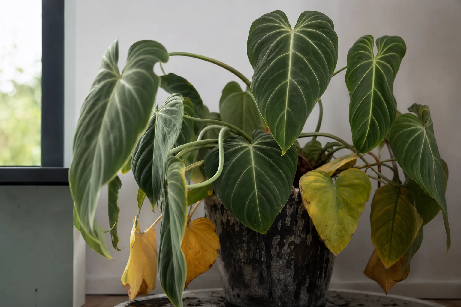 Overwatering on Philodendron Gloriosum - visible symptom on the plant