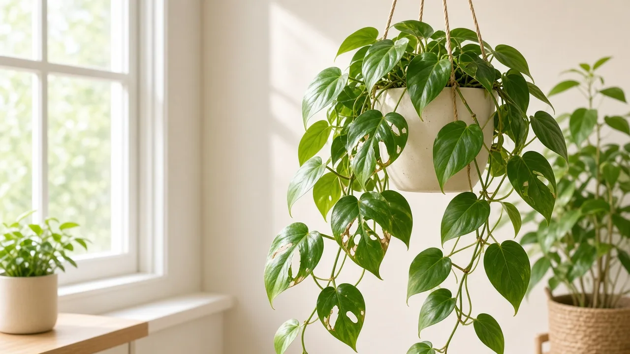 Holes in leaves on Heartleaf Philodendron - irregular chew damage on glossy heart-shaped trailing vine foliage