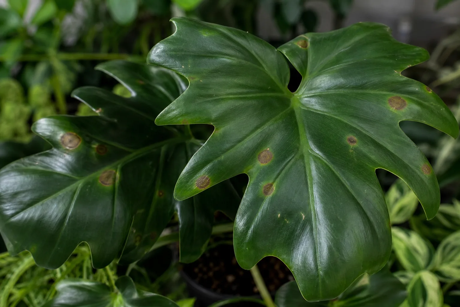 Leaf Spot Disease on Philodendron Imperial Green - visible symptom on the plant