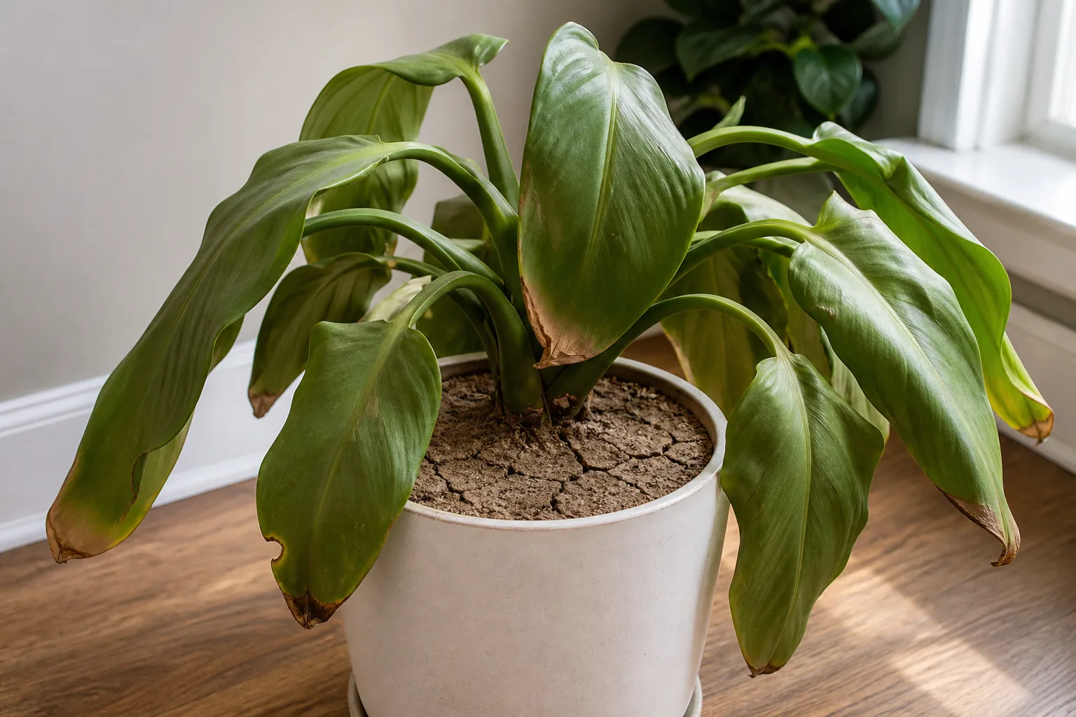 Underwatering on Philodendron Imperial Green - visible symptom on the plant