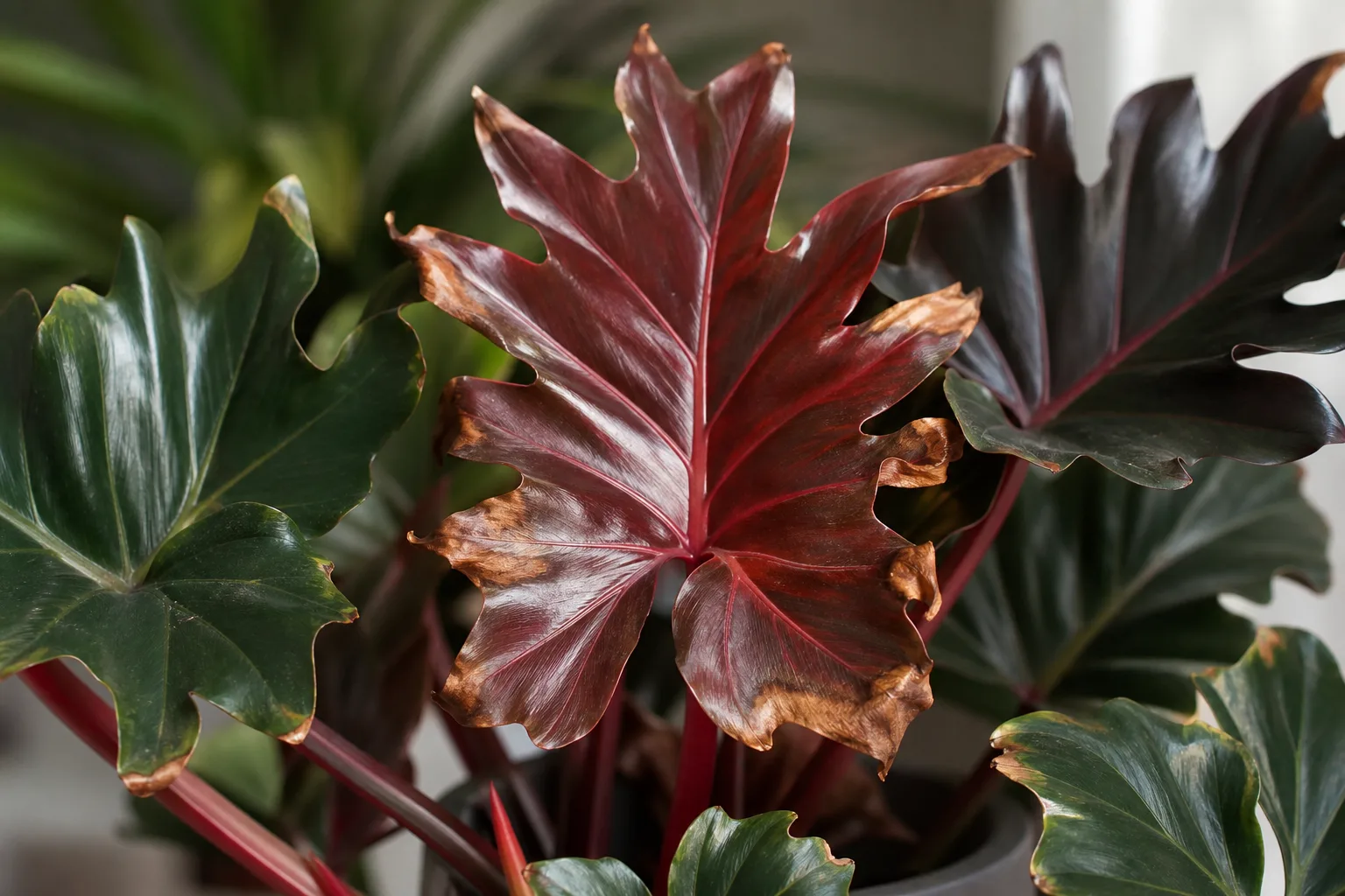 Brown Tips on Philodendron Imperial Red - visible symptom on the plant