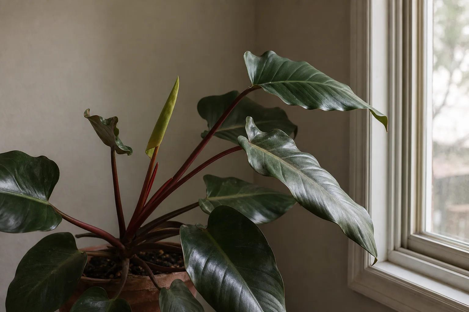 Not Enough Light on Philodendron Imperial Red - visible symptom on the plant