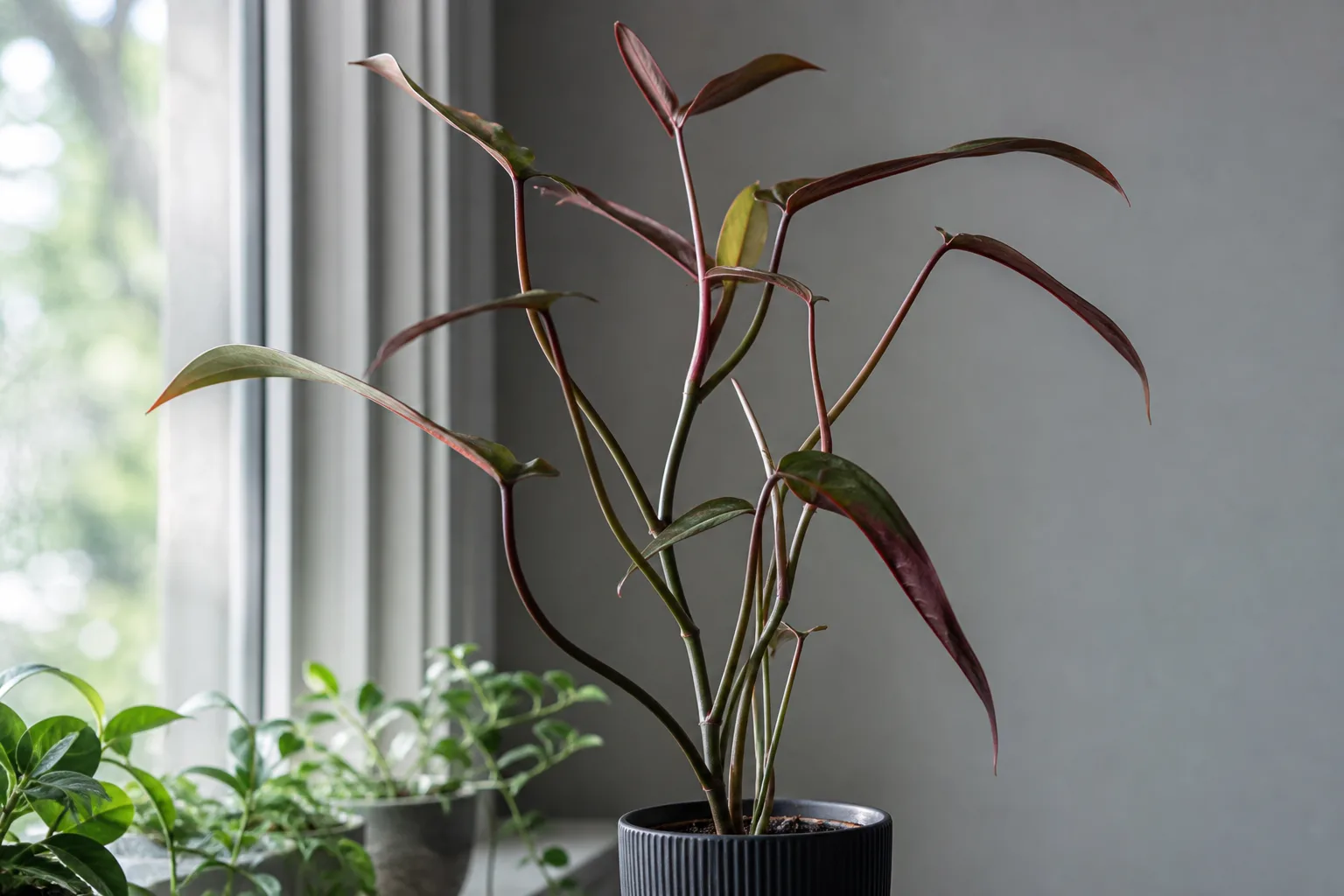 Thin Stems on Philodendron Imperial Red - visible symptom on the plant