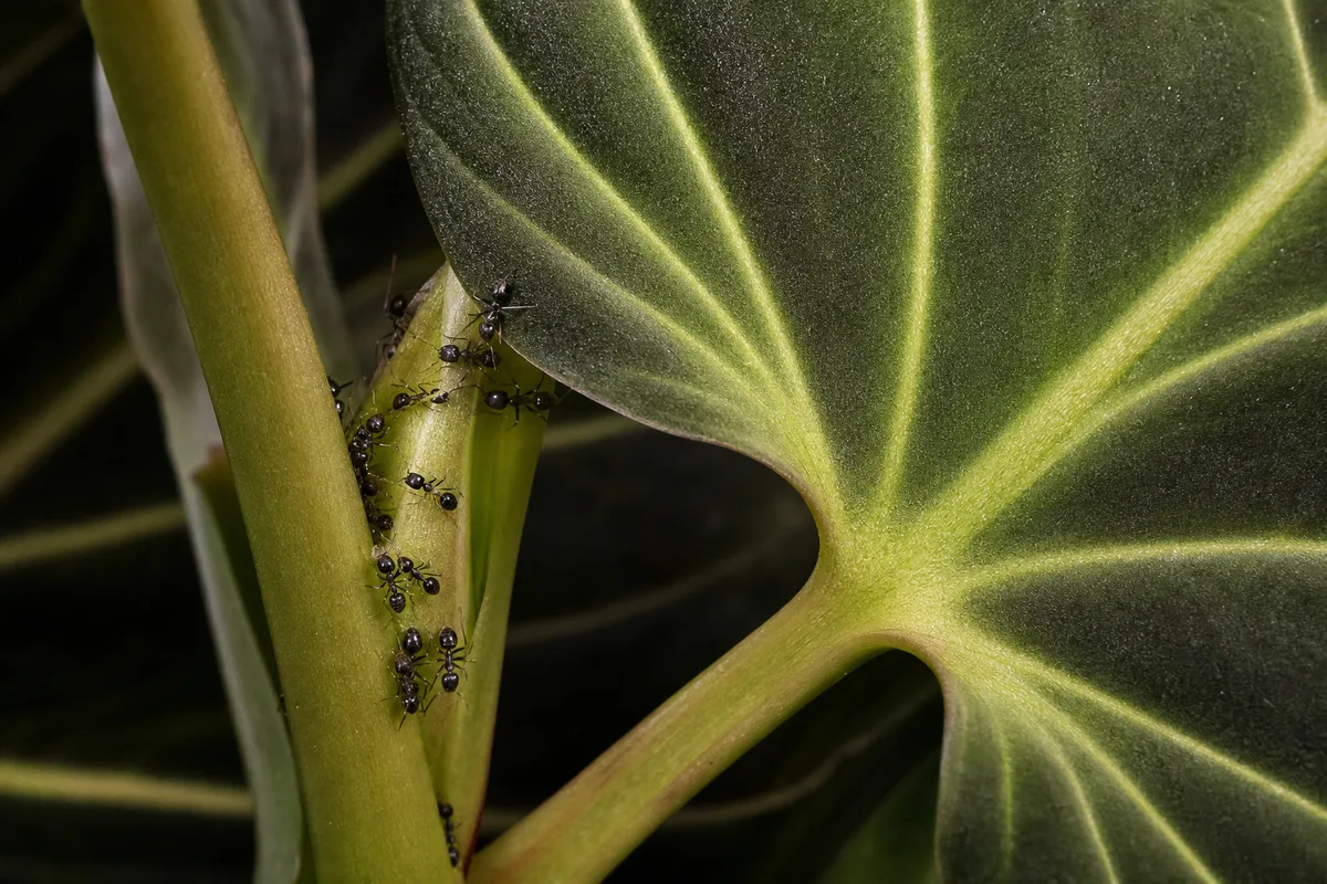 Close-up of Ants on Plant on Philodendron Melanochrysum - diagnostic detail