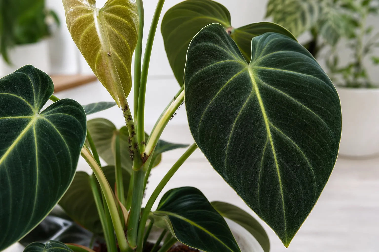 Ants on Plant on Philodendron Melanochrysum - visible symptom on the plant