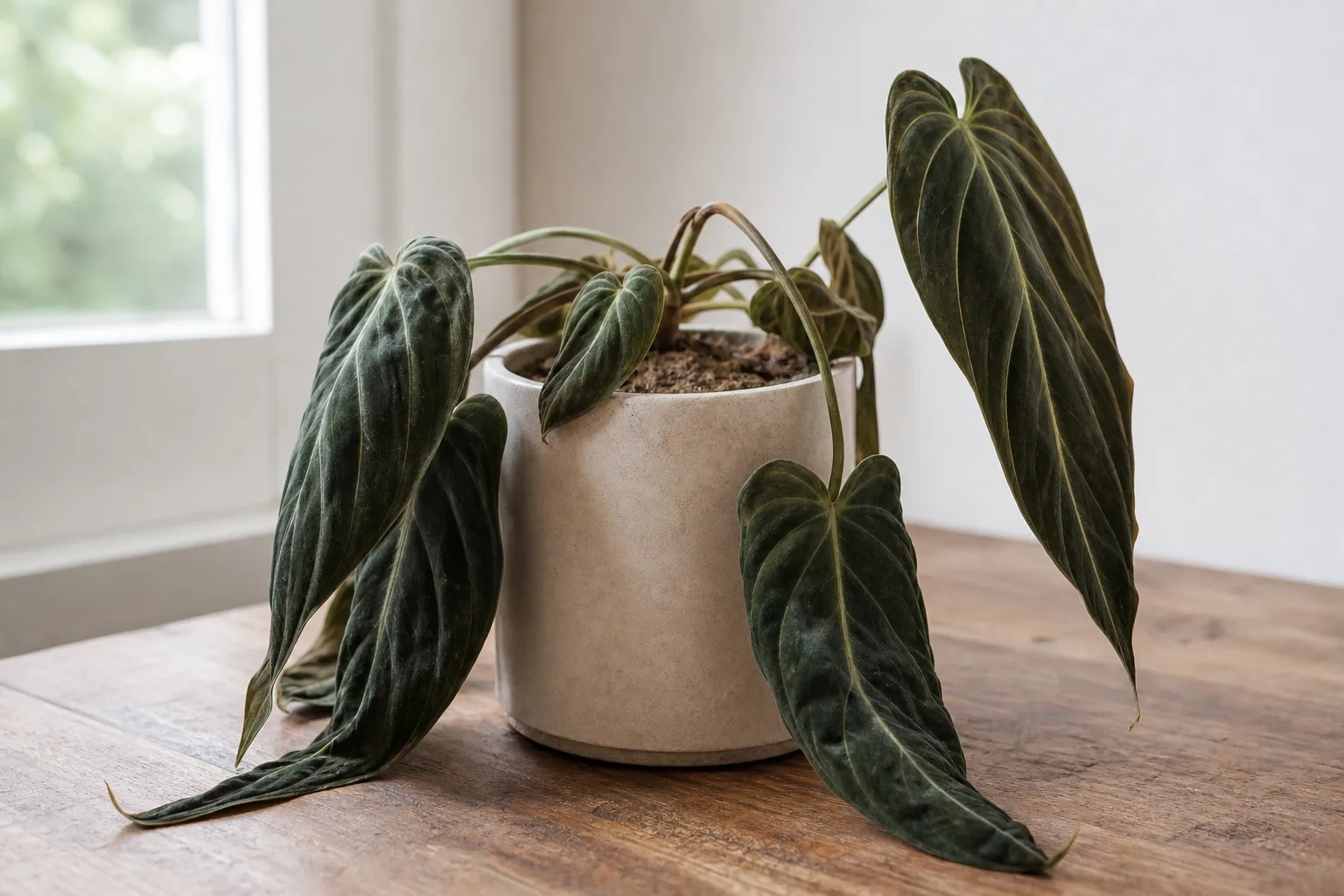 Underwatering on Philodendron Melanochrysum - visible symptom on the plant