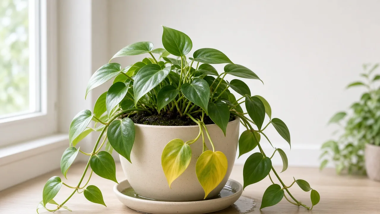 Poor Drainage on Heartleaf Philodendron - yellow lower leaves on wet heavy soil in a trailing vine