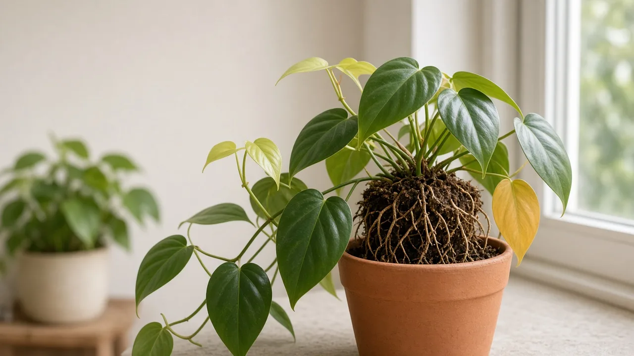 Poor Root Growth on Heartleaf Philodendron - sparse root ball with trailing vines showing stalled growth