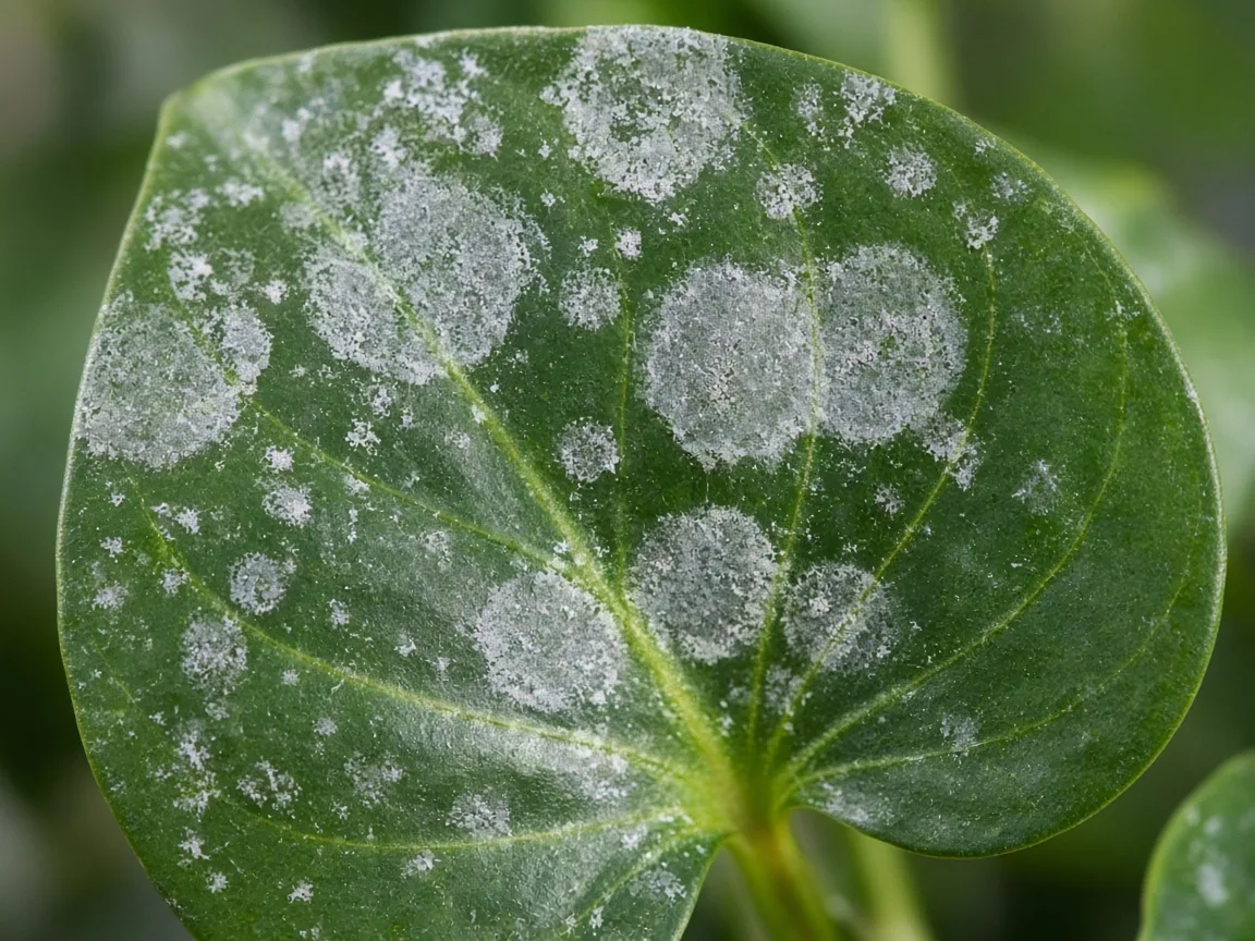 White powdery mildew colonies on a philodendron leaf