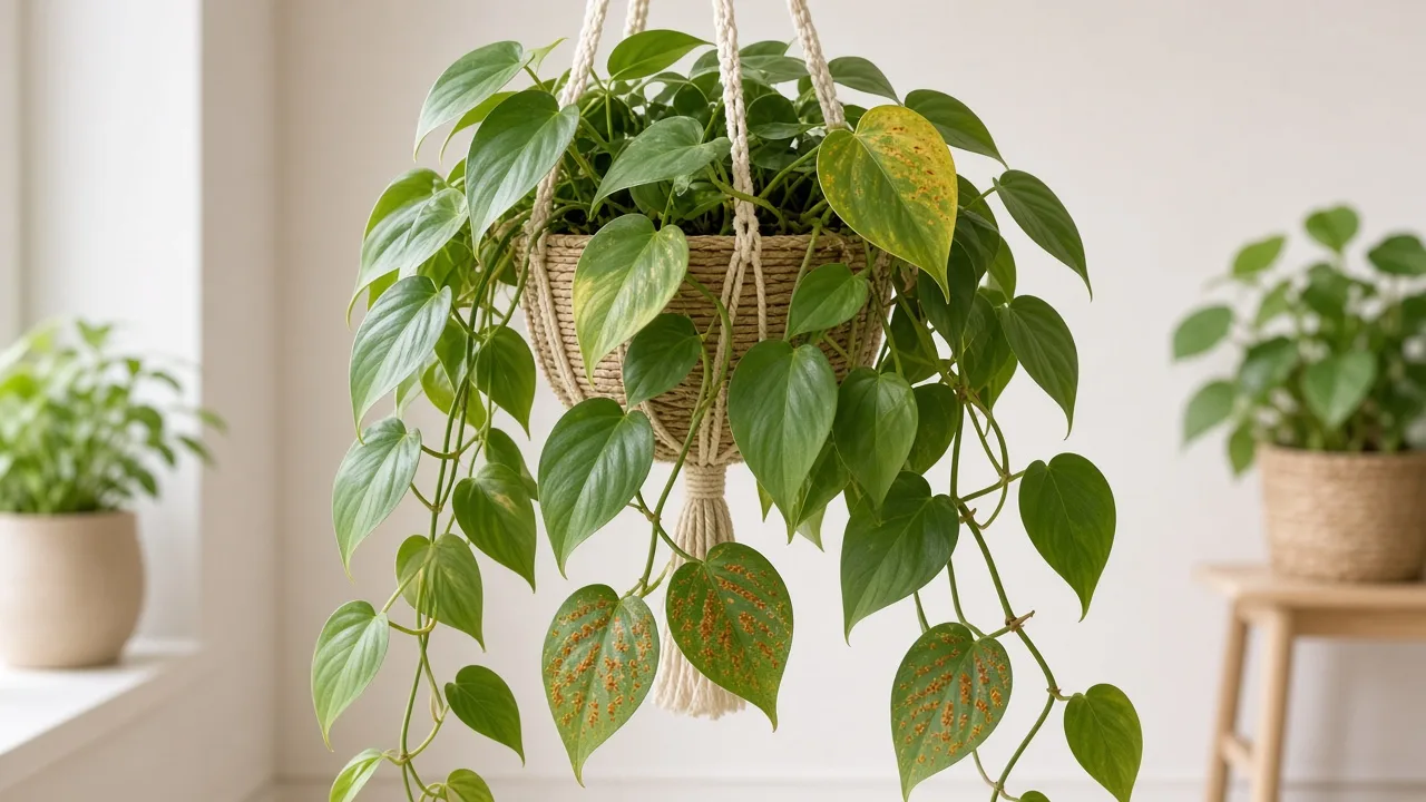 Rust Disease on Heartleaf Philodendron - orange powdery pustules on glossy trailing vine leaf undersides
