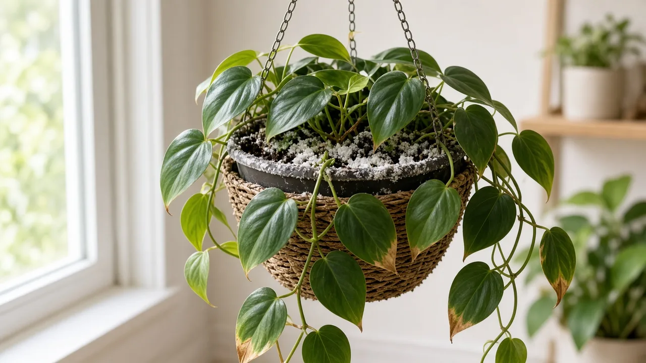 Salt build-up on heartleaf philodendron — white crust on soil and brown tips on trailing heart-shaped leaves in a hanging basket