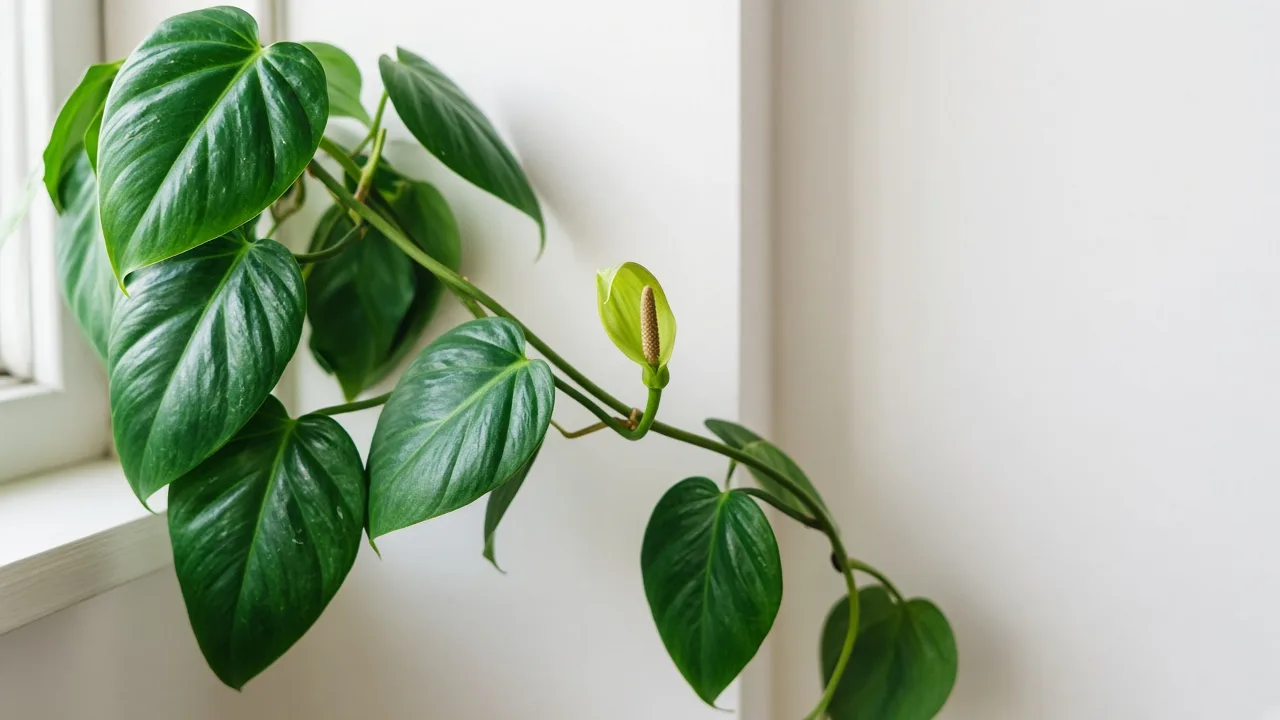 Small flowers on Heartleaf Philodendron - modest greenish spathe on a trailing vine