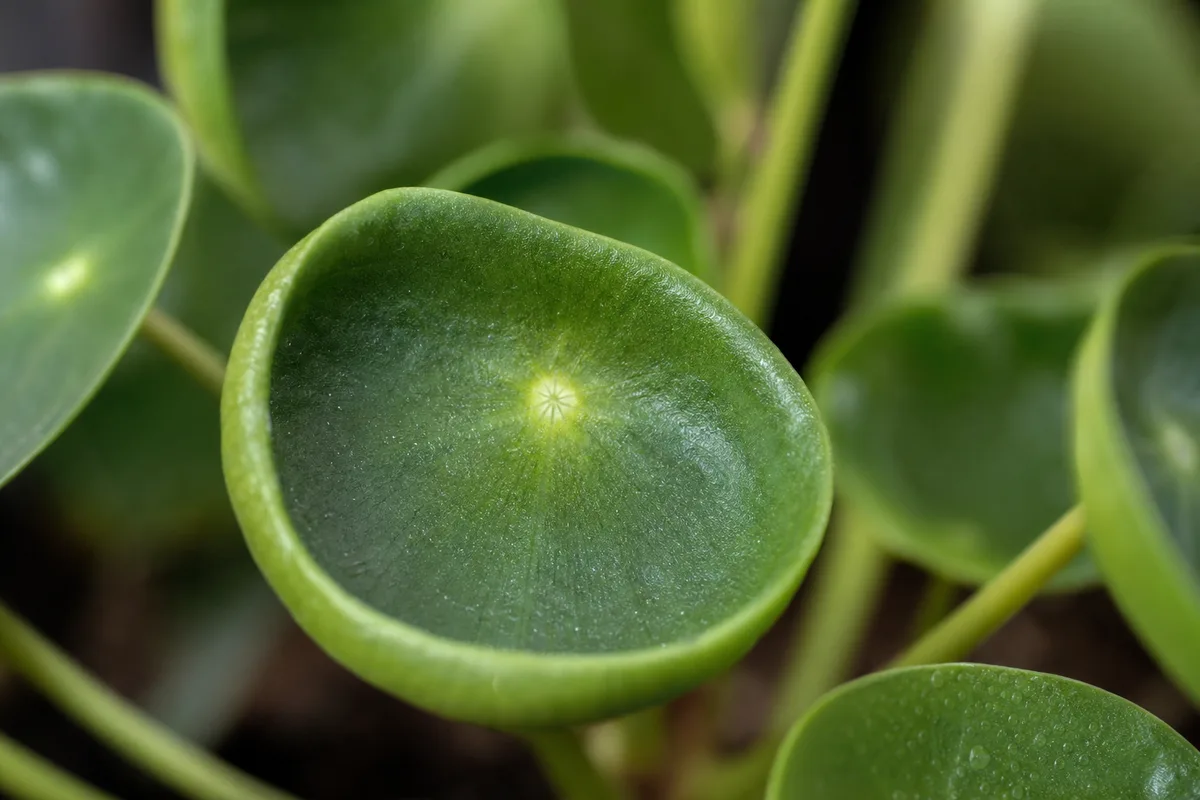 Close-up of Curling Leaves on Pilea Peperomioides - diagnostic detail